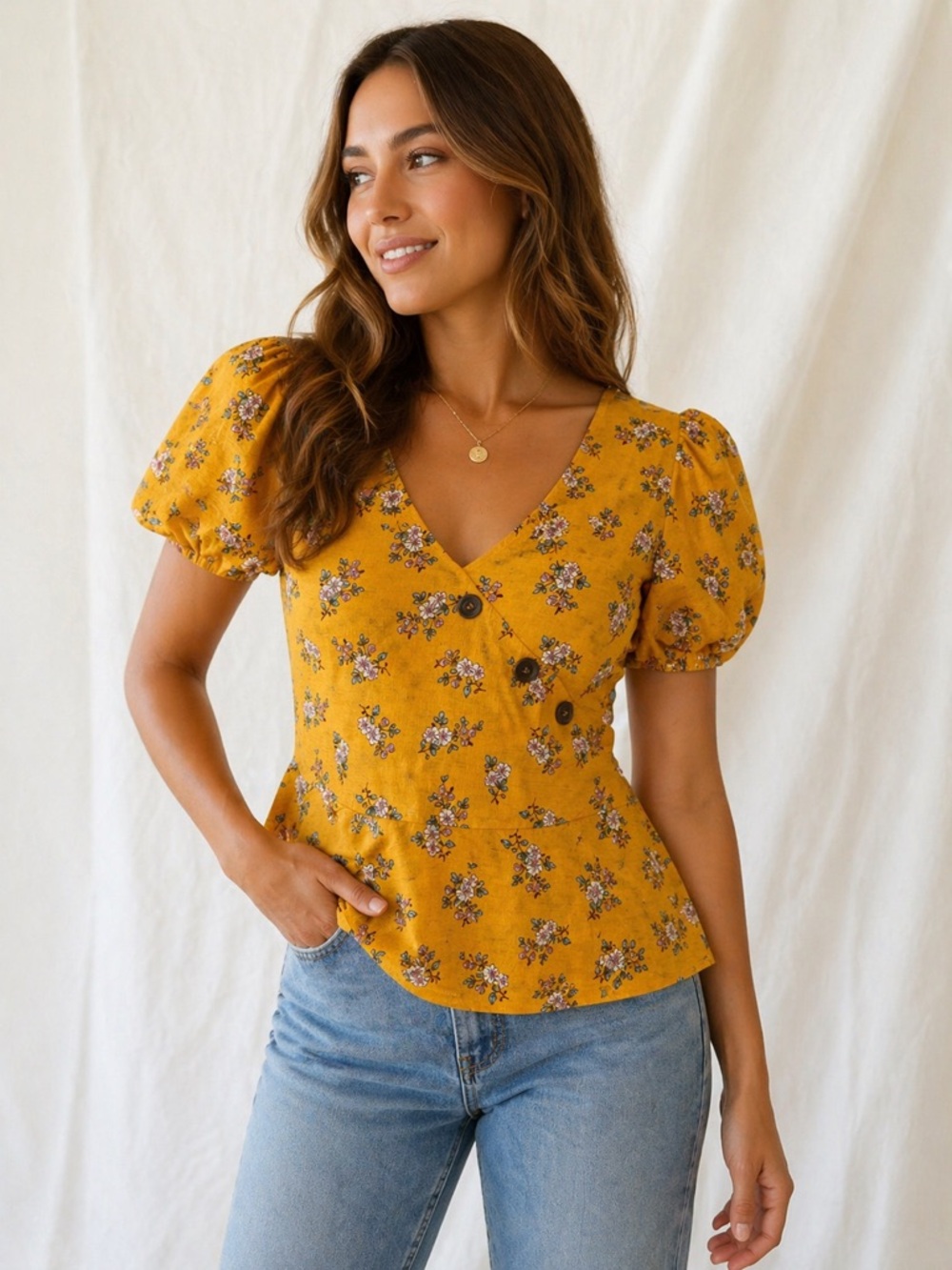 Floral Puff-Sleeve V-Neck Peplum Blouse in Mustard